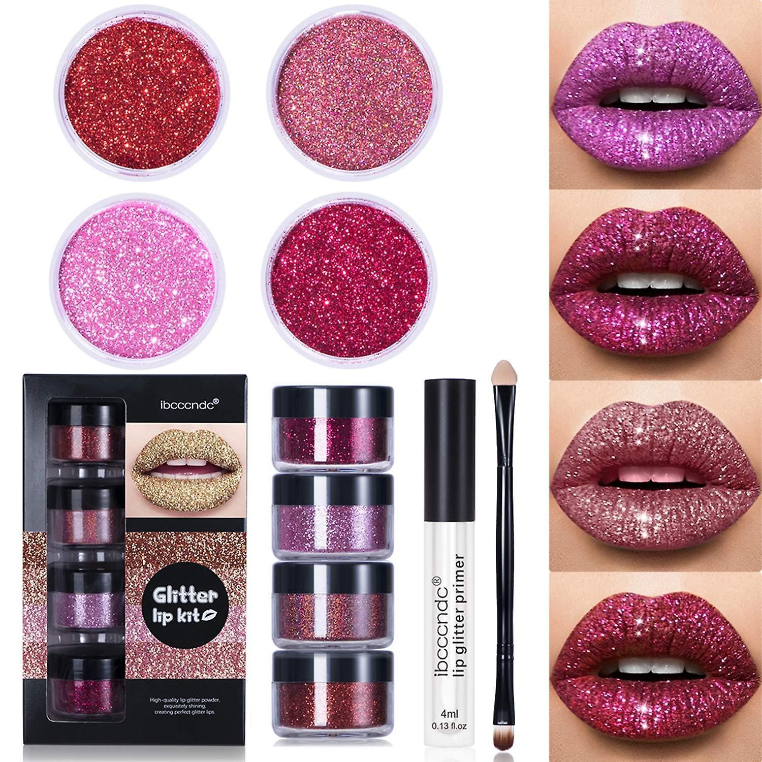 ibcccndc 4 Colors Glitter Lip Kit Diamond Metallic High Pigmented Powder Long Lasting Waterproof for