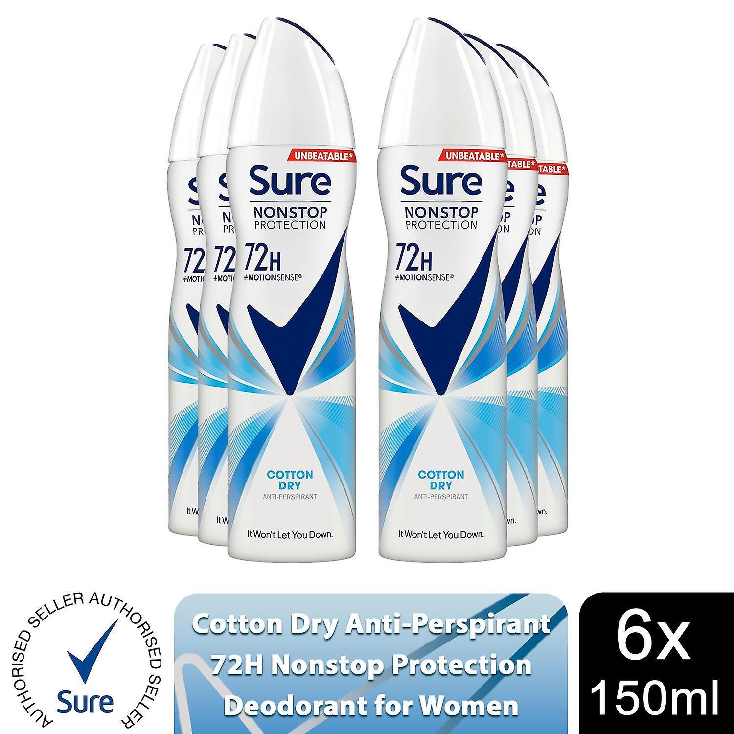 Sure Women Anti-Perspirant 72H Nonstop Protection Deo Cotton Dry 150ml, 6 Pack