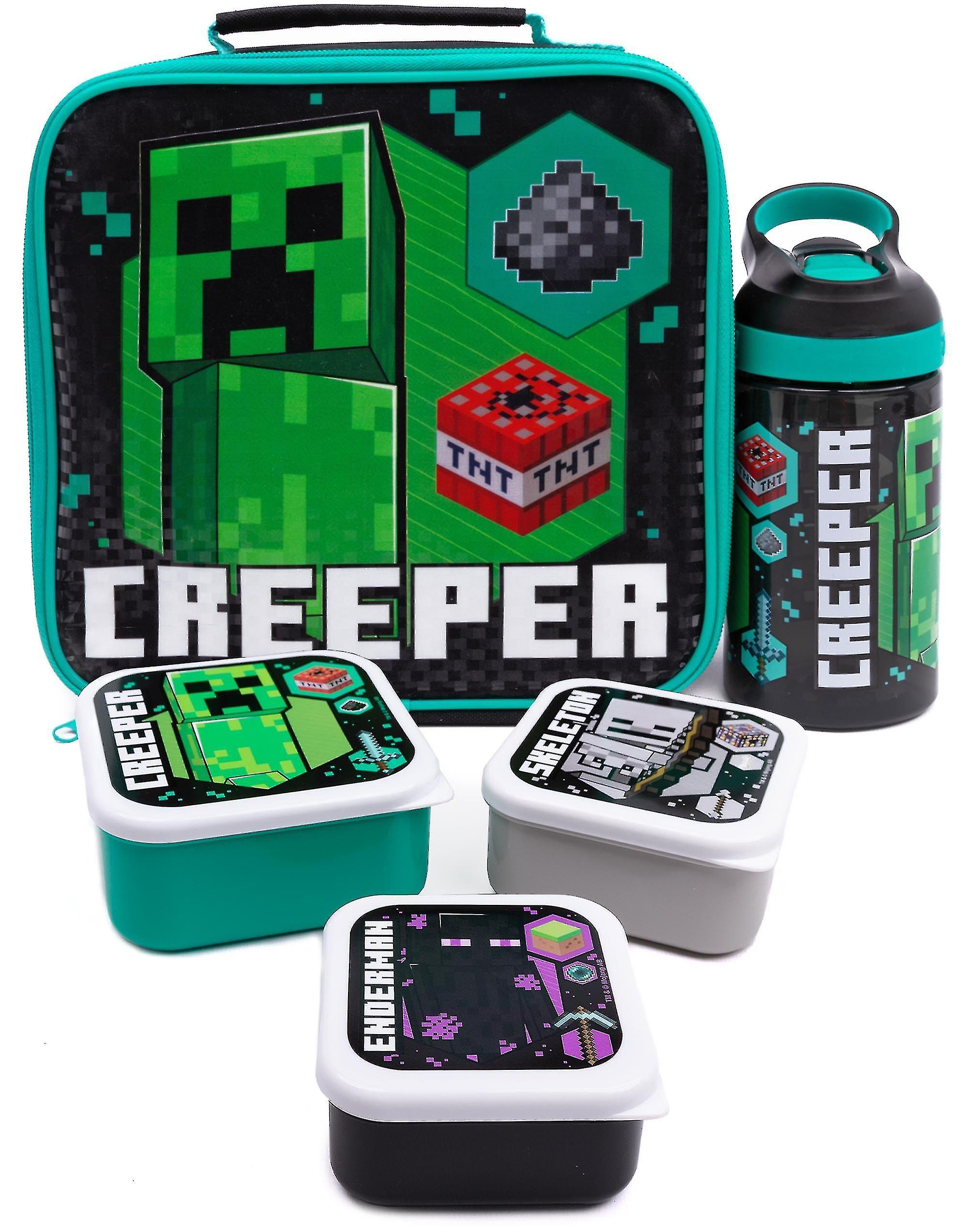 Stntv Lunch Bag | Kids Creeper Skeleton Enderman 5 Piece School Dinner Bag, Bpa Free Water Bottle 3 Snack Pots | Green Gamer Drink Food Containers