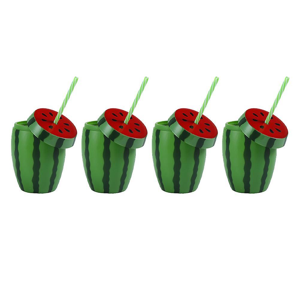 Toyvian 4pcs Disposable Watermelon Shape Cup Drinking Cups Party Cup with Lid and Straw Green 14x7cm