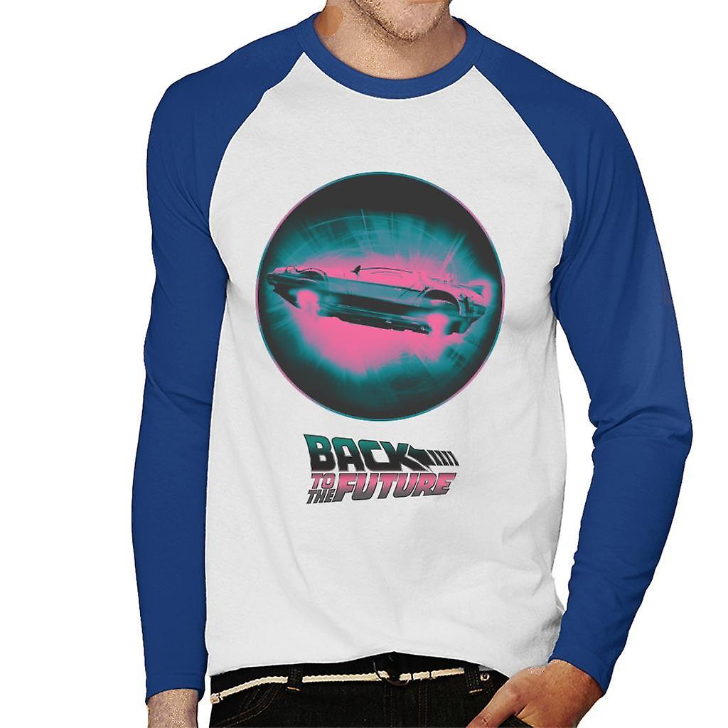 Back to the Future Delorean Flying Pink Haze Men's Baseball Long Sleeved T-Shirt White/Royal Medium