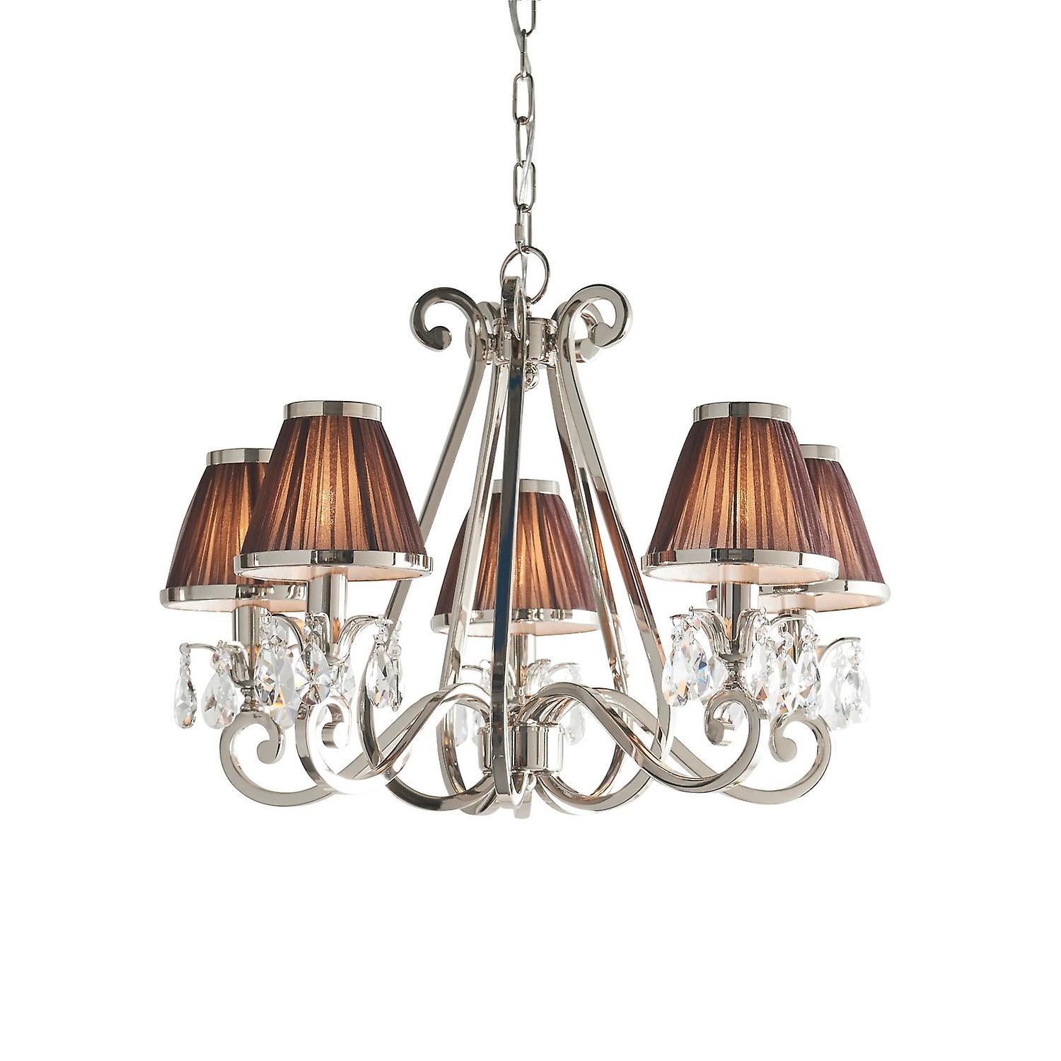 Oksana Multi Arm Ceiling Chandelier Light Polished Nickel with Chocolate Shades