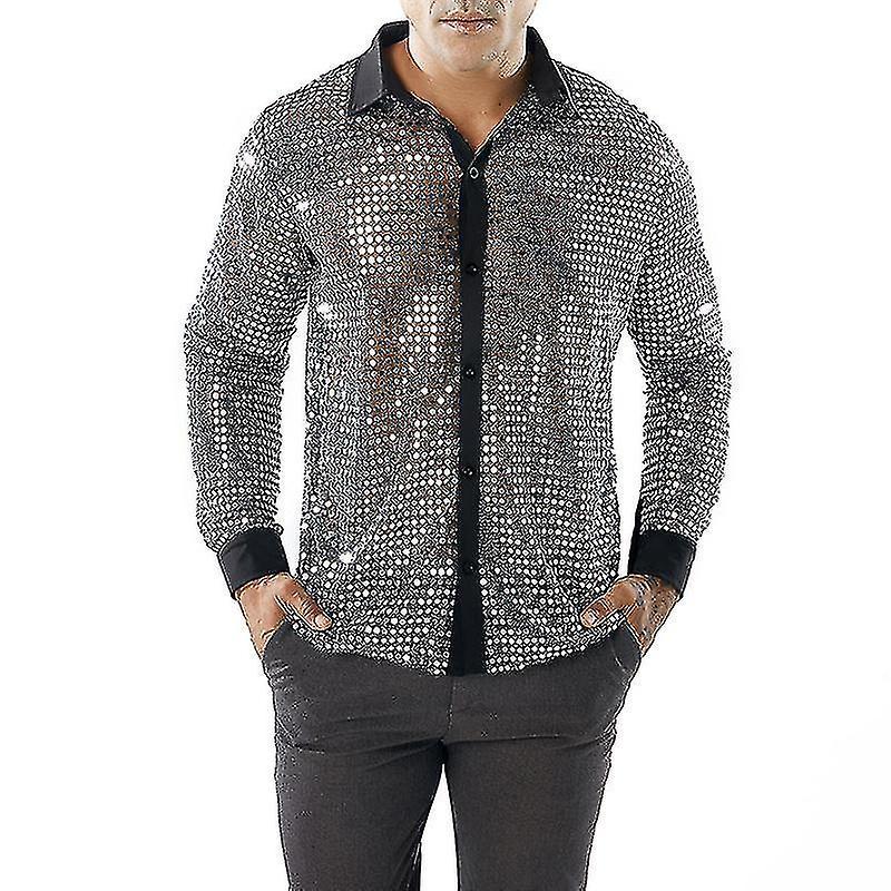 Beangle Newway Men's Shiny Sequined Mesh Top, 60s 70s Disco Dance Shirt silver L