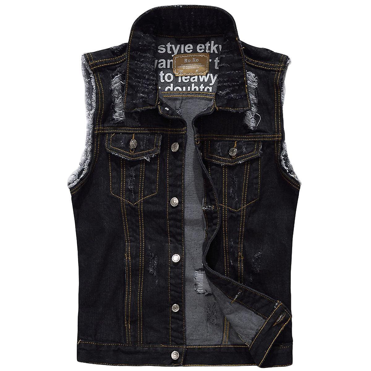 Allthemen Mens Casual Four Seasons Rock Sleeveless Denim Jacket Black L