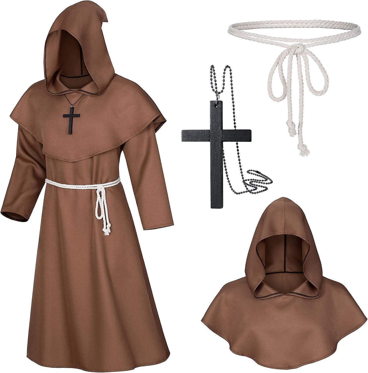 Maromalife Revengers Medieval Renaissance Monk Friar Priest Wizard Cloak Hooded Robe Cosplay Belt Necklace Set Brown Medium