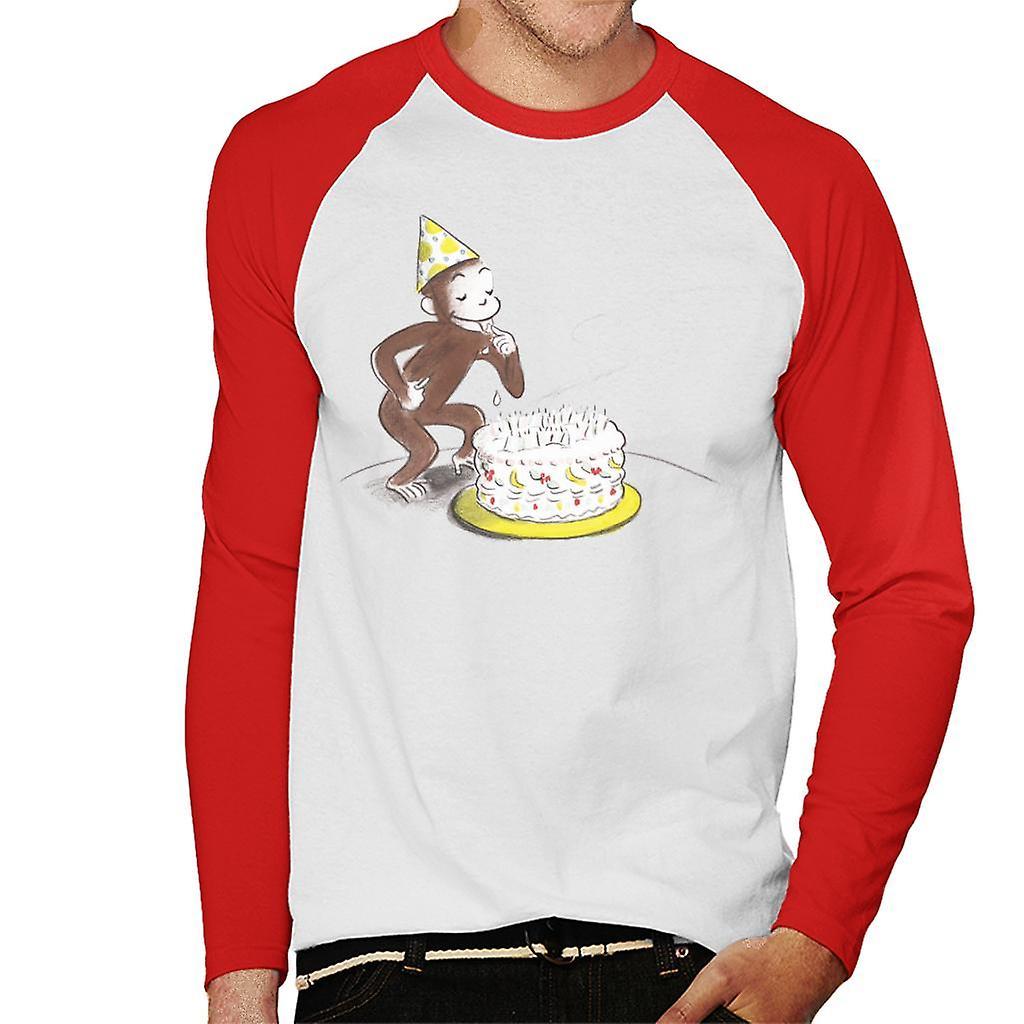 Curious George Eating Birthday Cake Men's Baseball Long Sleeved T-Shirt White/Red Large