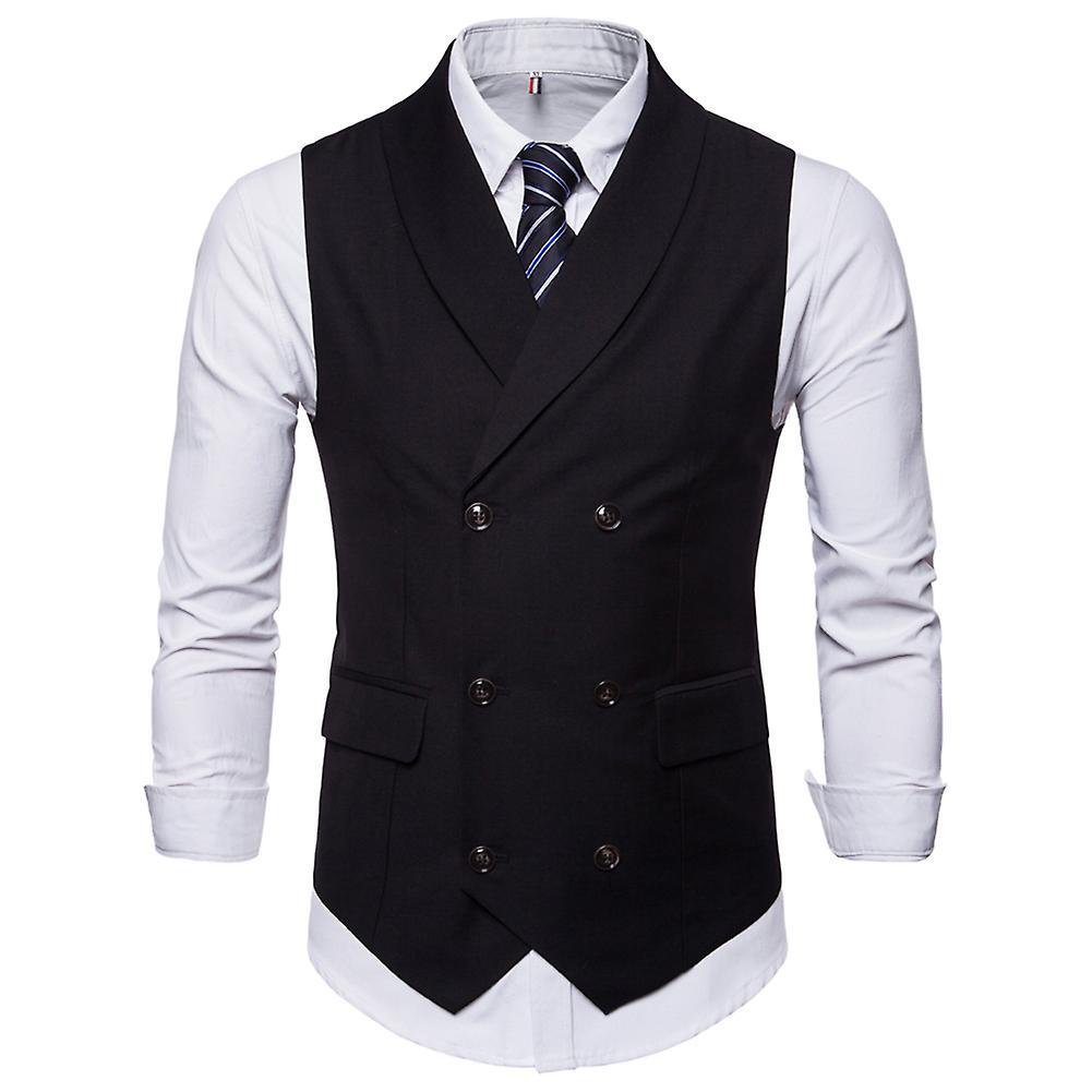 Allthemen Mens Business Formal Solid Color Lapel Double-breasted Slim Vest Black L