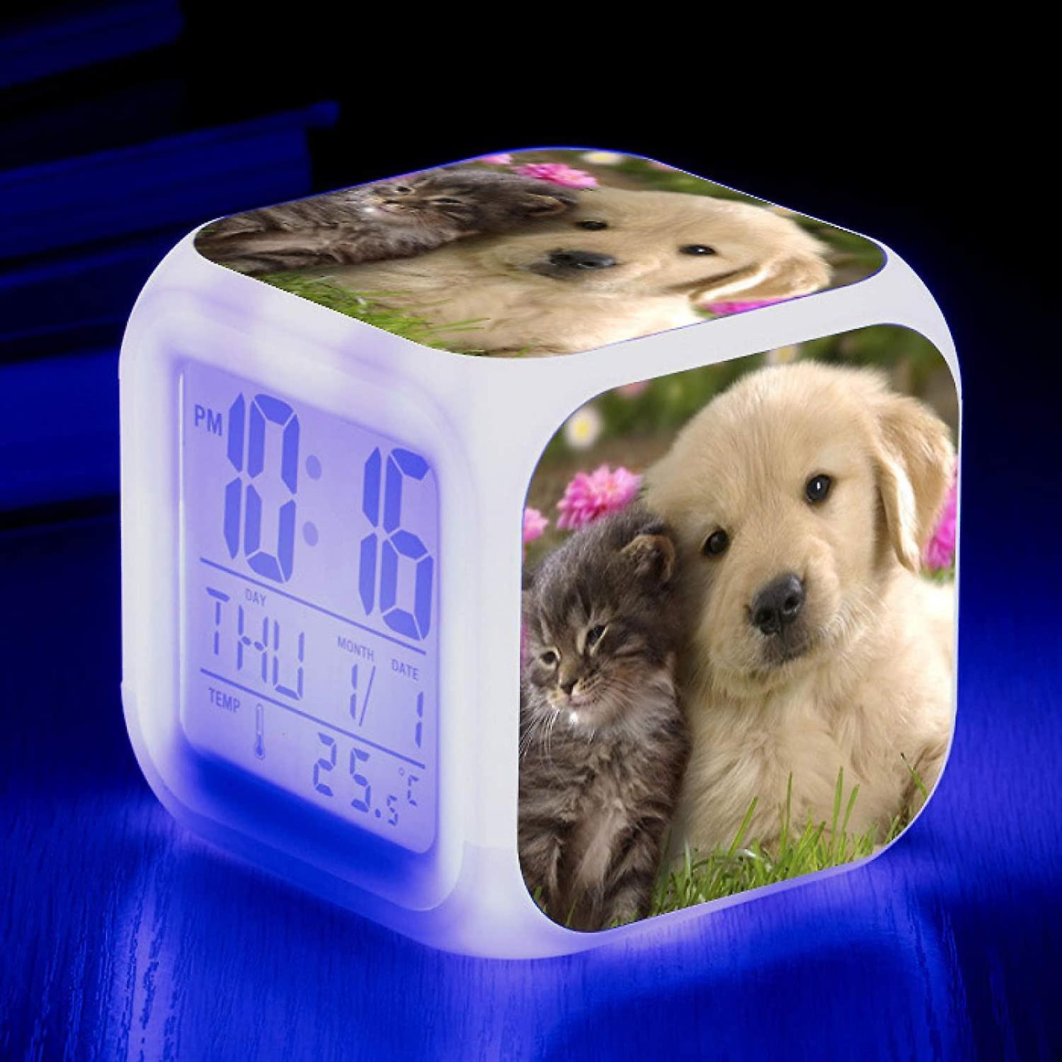 Phwj Children's Toy Alarm Clock, Cat And Dog Pattern Color Changing Led Night Light, Birthday Gift, Electronic Desk Clock