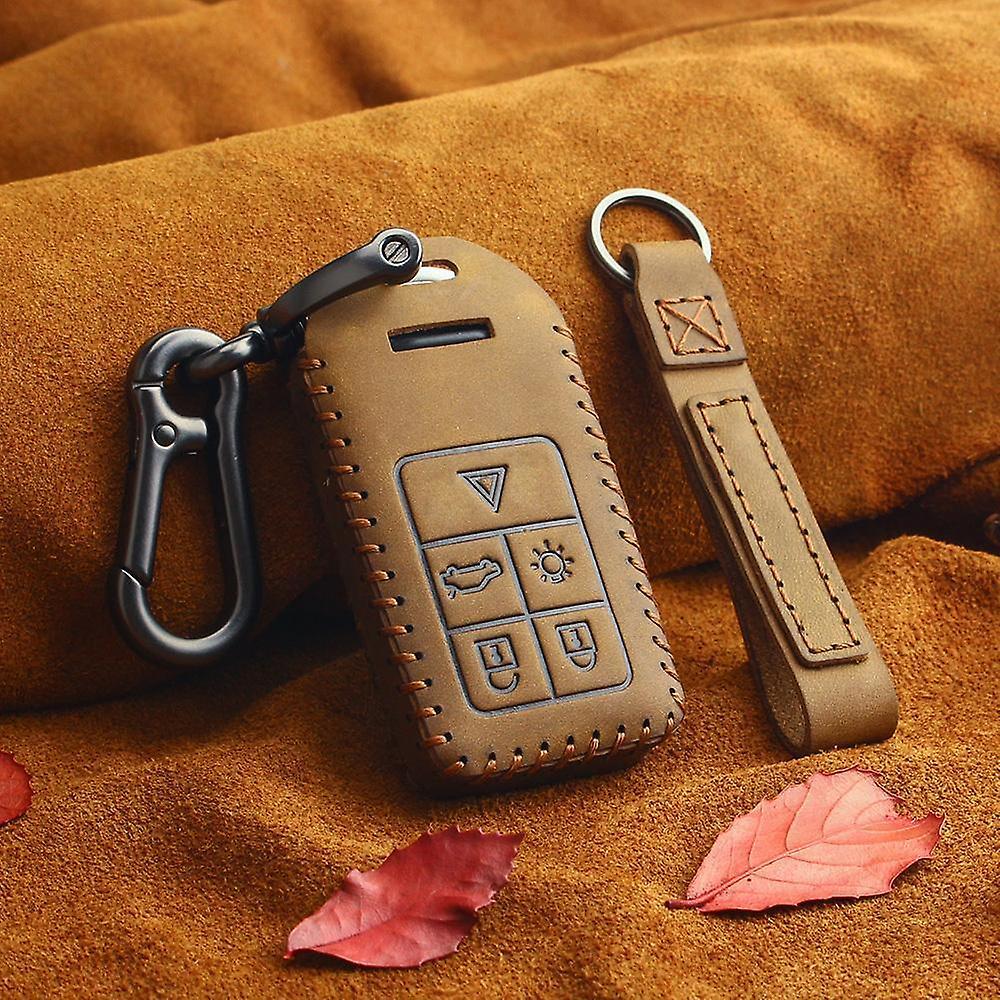 CherrysC Genuine leather car key case carabiner pendant for Volvo Brown 0001