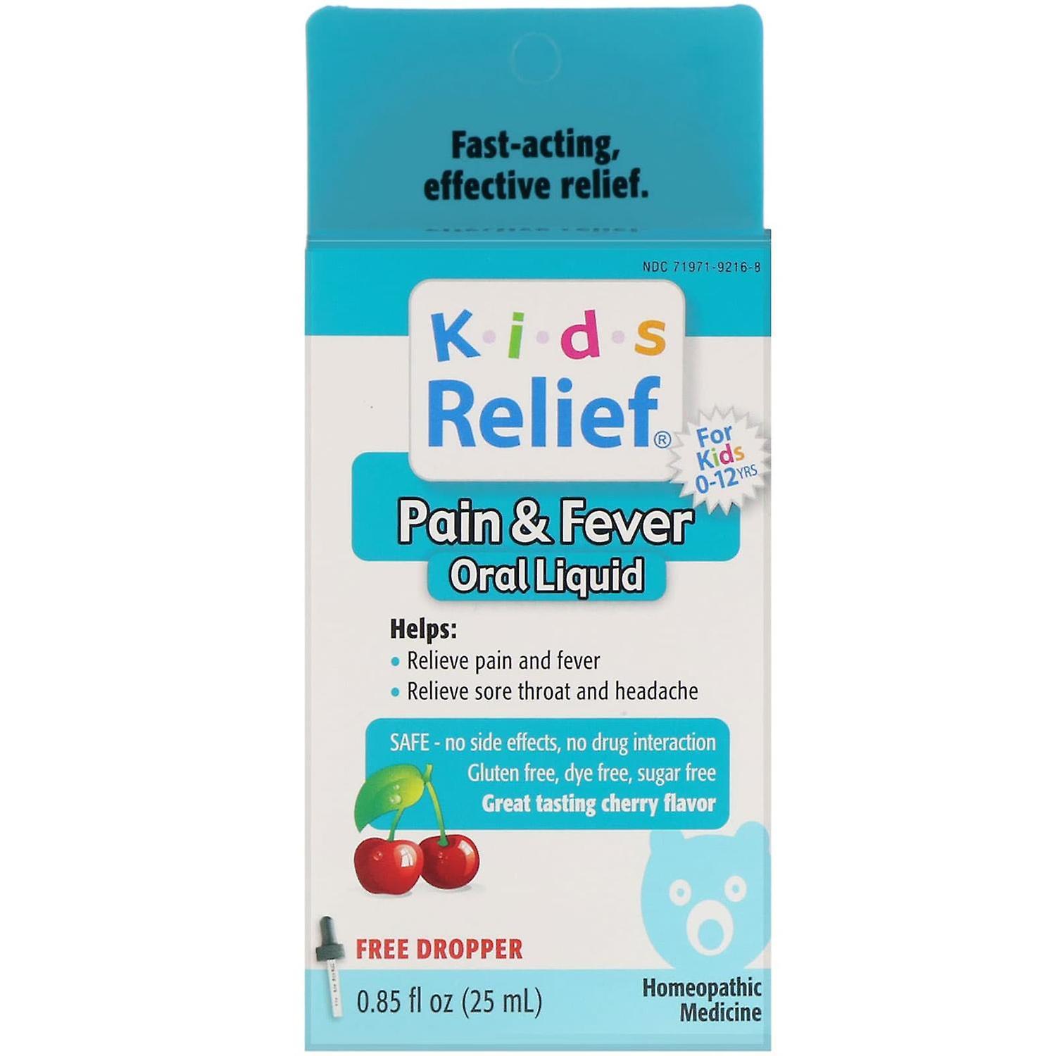 Homeolab USA, Kids Relief, Pain & Fever Oral Liquid, For Kids 0-12 Yrs, Cherry Flavor, 0.85 fl oz (2