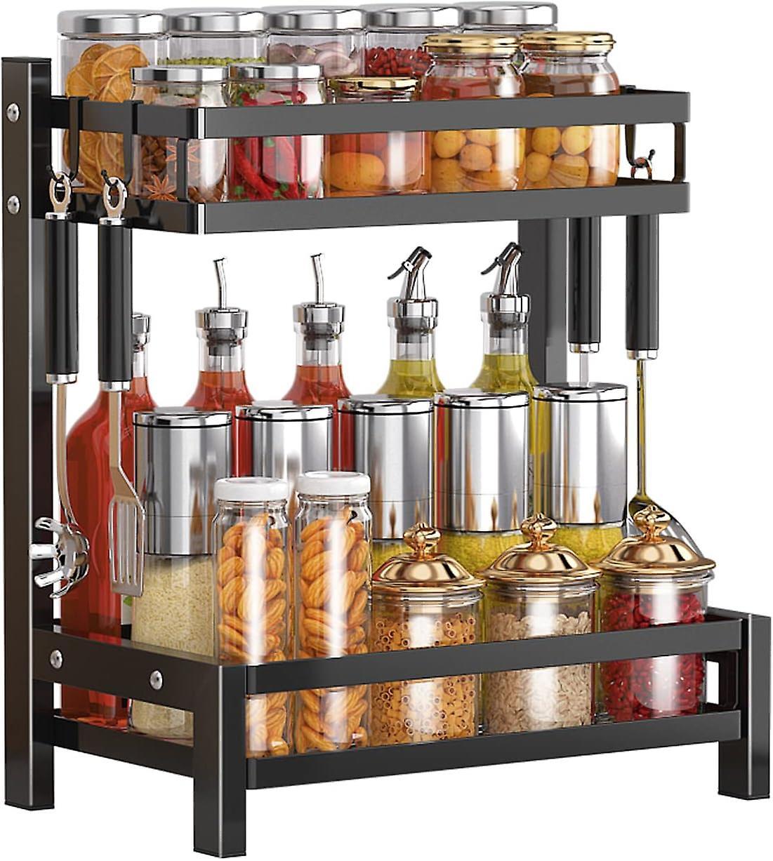 Heyone 2-tier Rustproof Spice Rack For Kitchen Storage, Spice Rack, Countertop Kitchen Organizer With Hooks, Black, 32 * 20 * 40cm