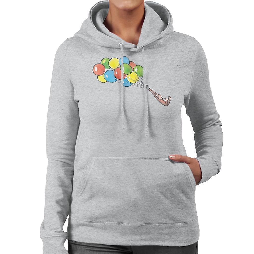 Curious George Balloon Flying Backwards Women's Hooded Sweatshirt Heather Grey Large