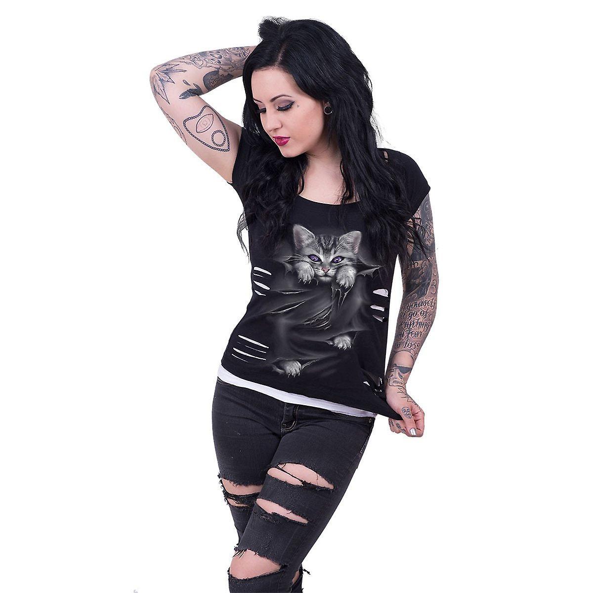 Spiral Direct Gothic BRIGHT EYES - 2in1 White Ripped Top Black |Cat|Rips|Cute Black & White X Large