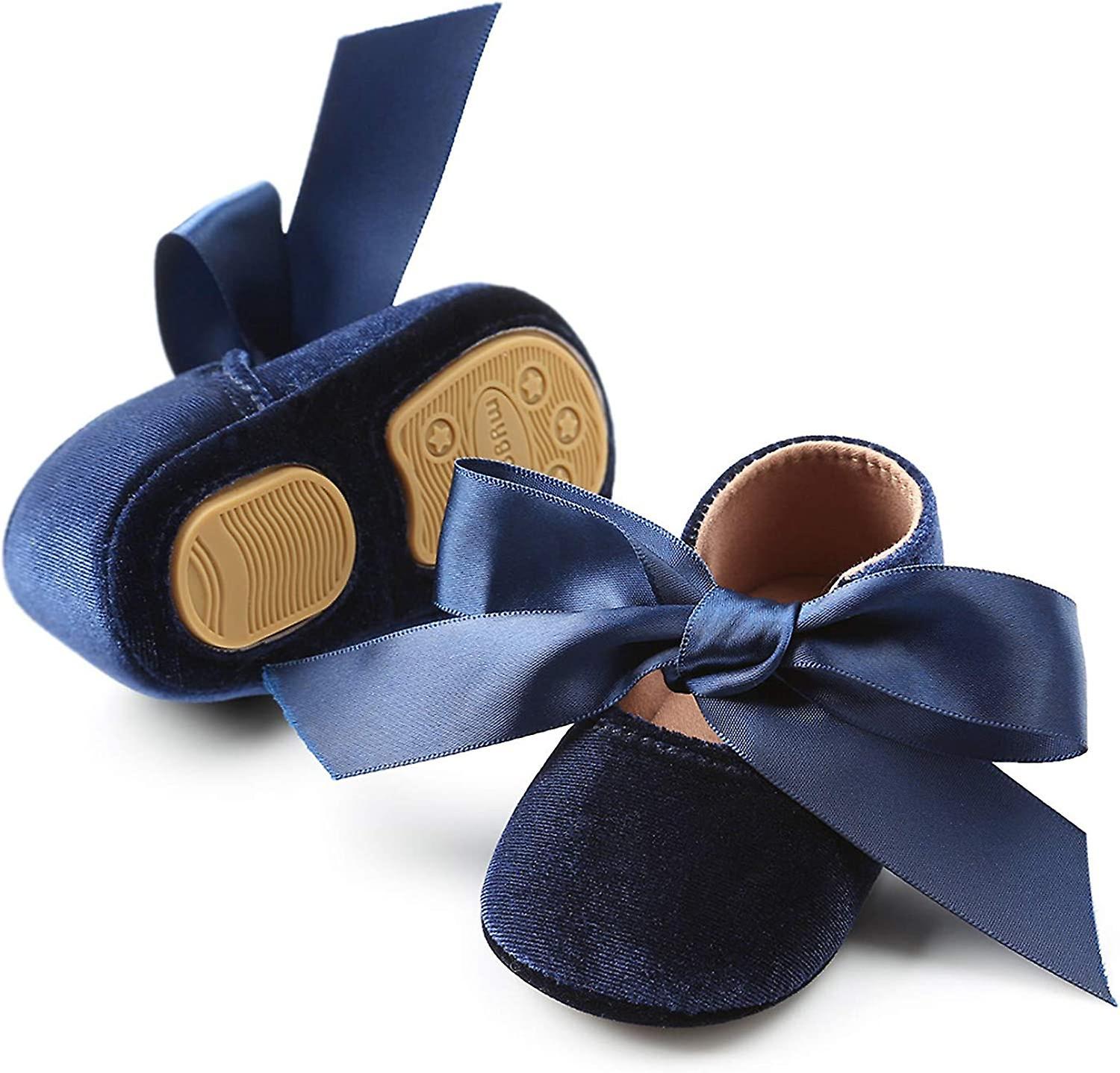 LINCMAN Infant Baby Girls Mary Jane Shoes Soft Sole Ballet Slippers Bow Princess Newborn Dress Wedding Flat Shoes A-navy Blue velvet 12-18 Months T...