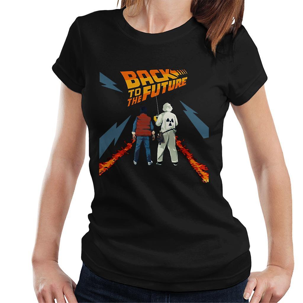 Back to the Future Delorean Fire Trail Marty And Doc Women's T-Shirt Black Small