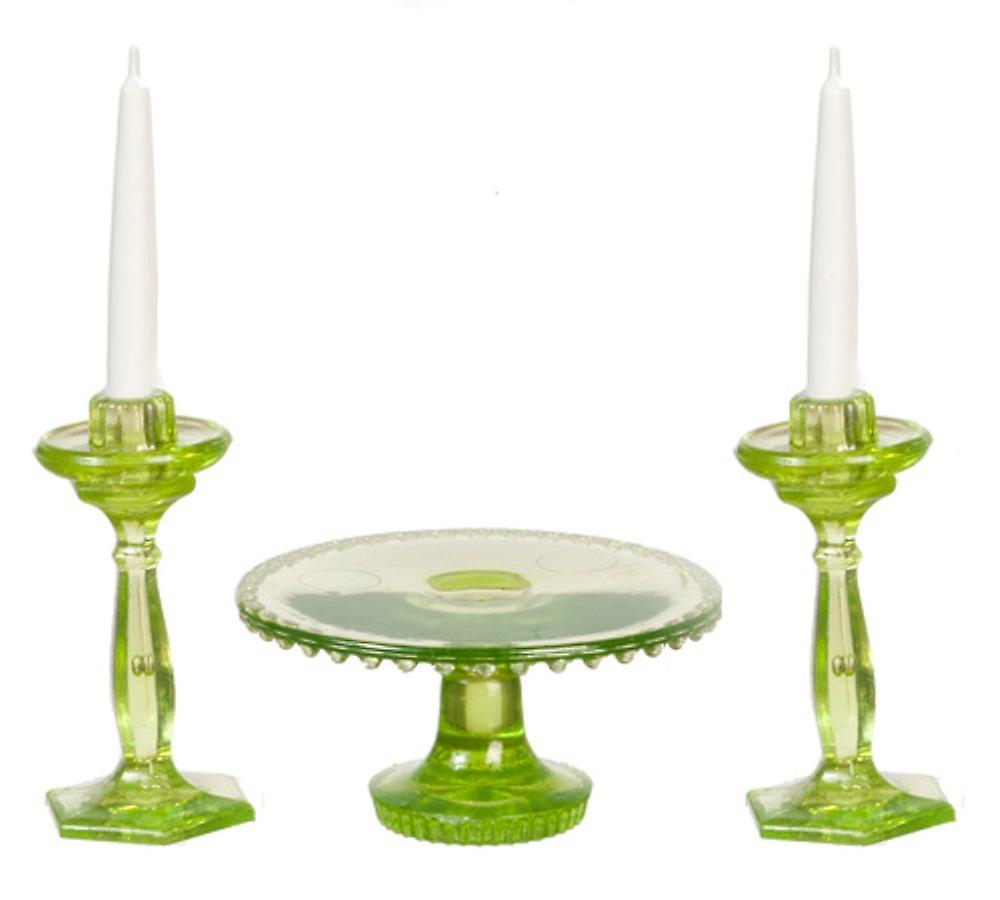 Melody Jane Dolls Houses Dolls House Green Cake Stand & Candlesticks Dining Room Accessory