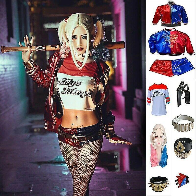 Cryin Suicide Cosplay Halloween Costumes Harley Quinn Embroidery Accessories Full Set Aldult XL