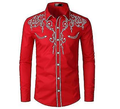 Wfuo Mens Shirt Western Cowboy Shirt Embroidered Long Sleeve Casual Slim Fit Button Down Shirt red L