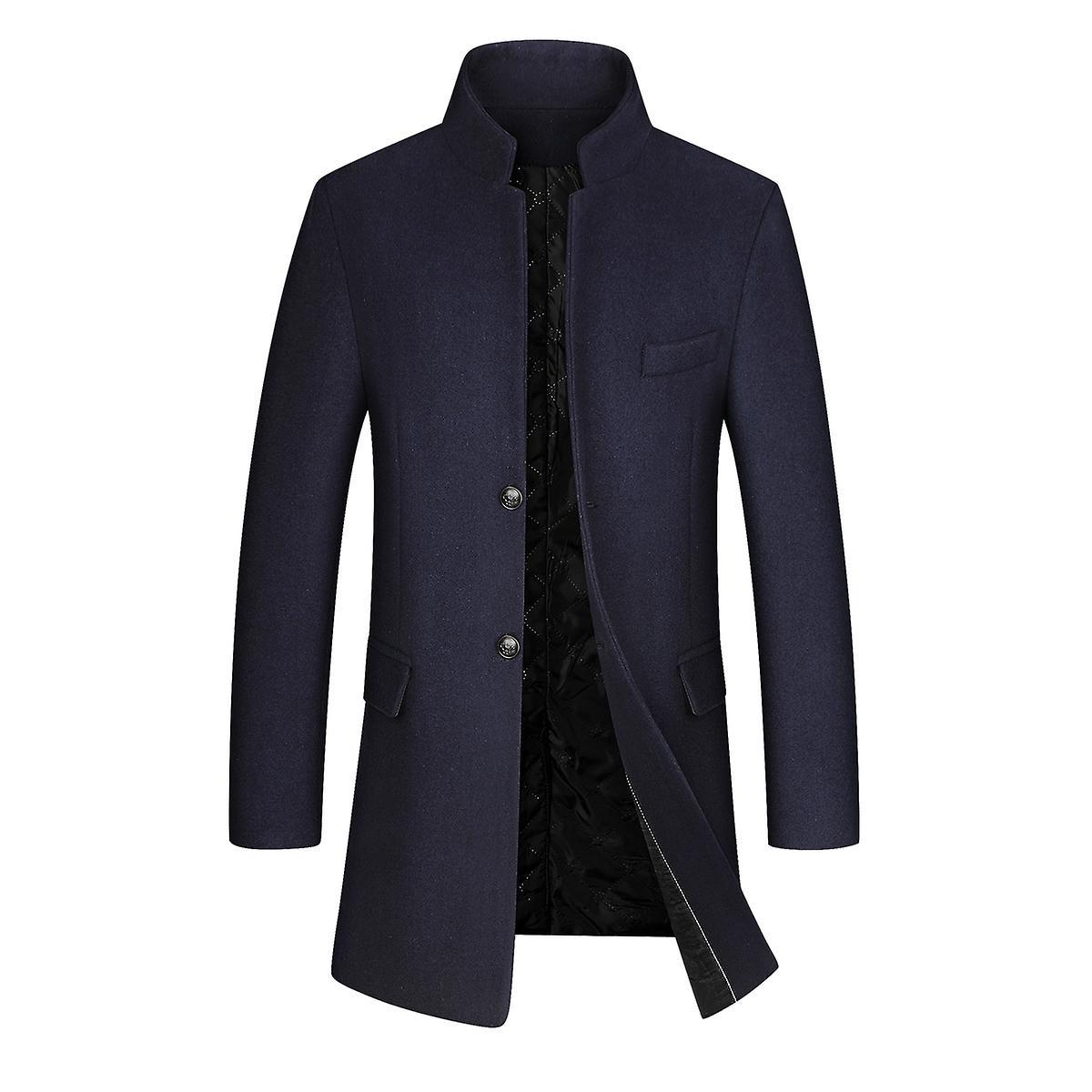 Allthemen Mens Stand Collar Thick Button Down Loose Overcoat Navy Blue XL