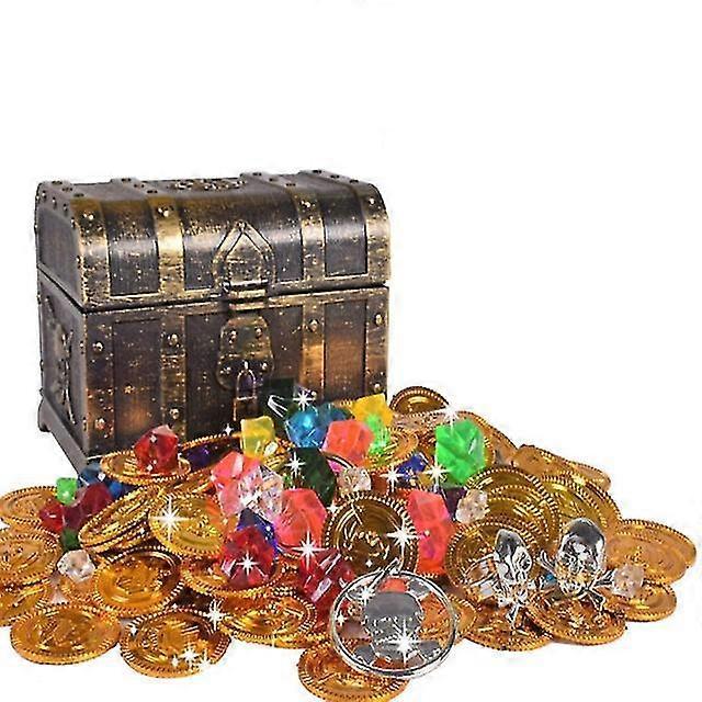 Zhiyi 100pcs Pirate Treasure Chest Toy Kit Antique Big Treasure Chest Pirate Box Treasure Jewels Pirate Gold Coins