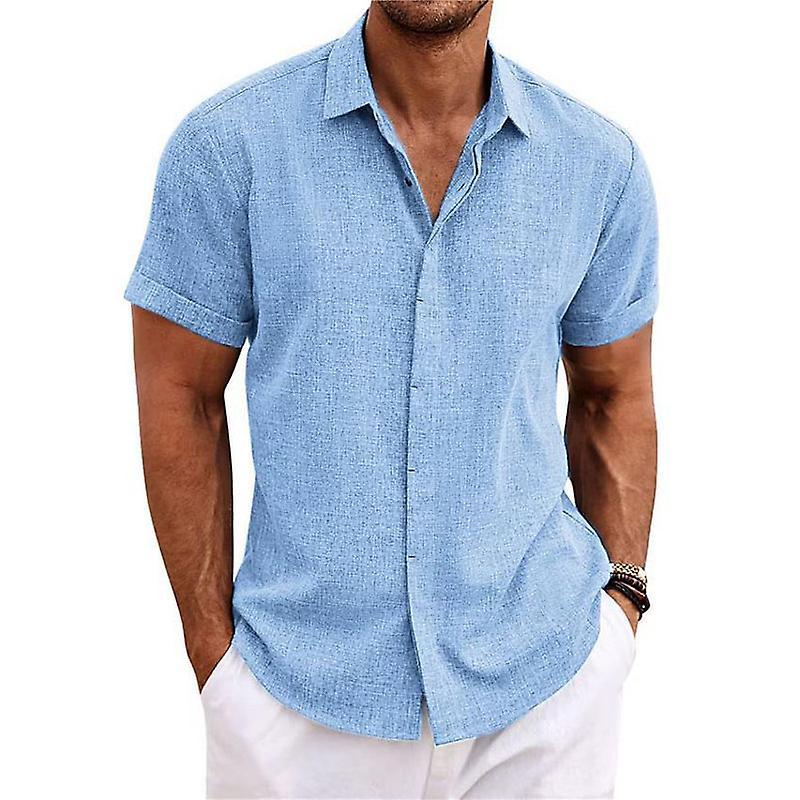 Kissqiqi Men's Casual Button Down Shirt Short Sleeve Beach Shirt Blue L