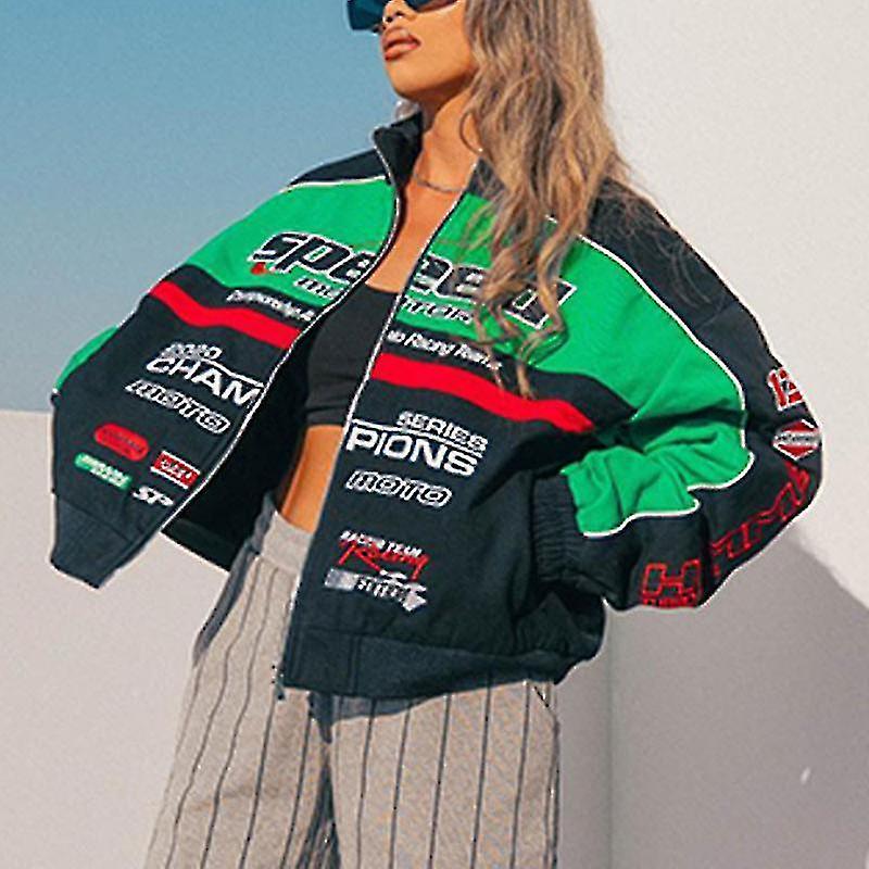 Cryin Racing Jacket Retro, Bomber Jacket Fully Embroidered, F1 Street Clothing Jacket Y2k green 2XL