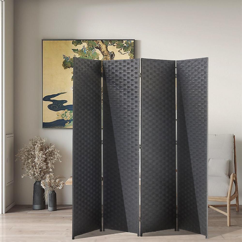 Living And Home Black Woven Fiber 4-Panel Folding Room Divider