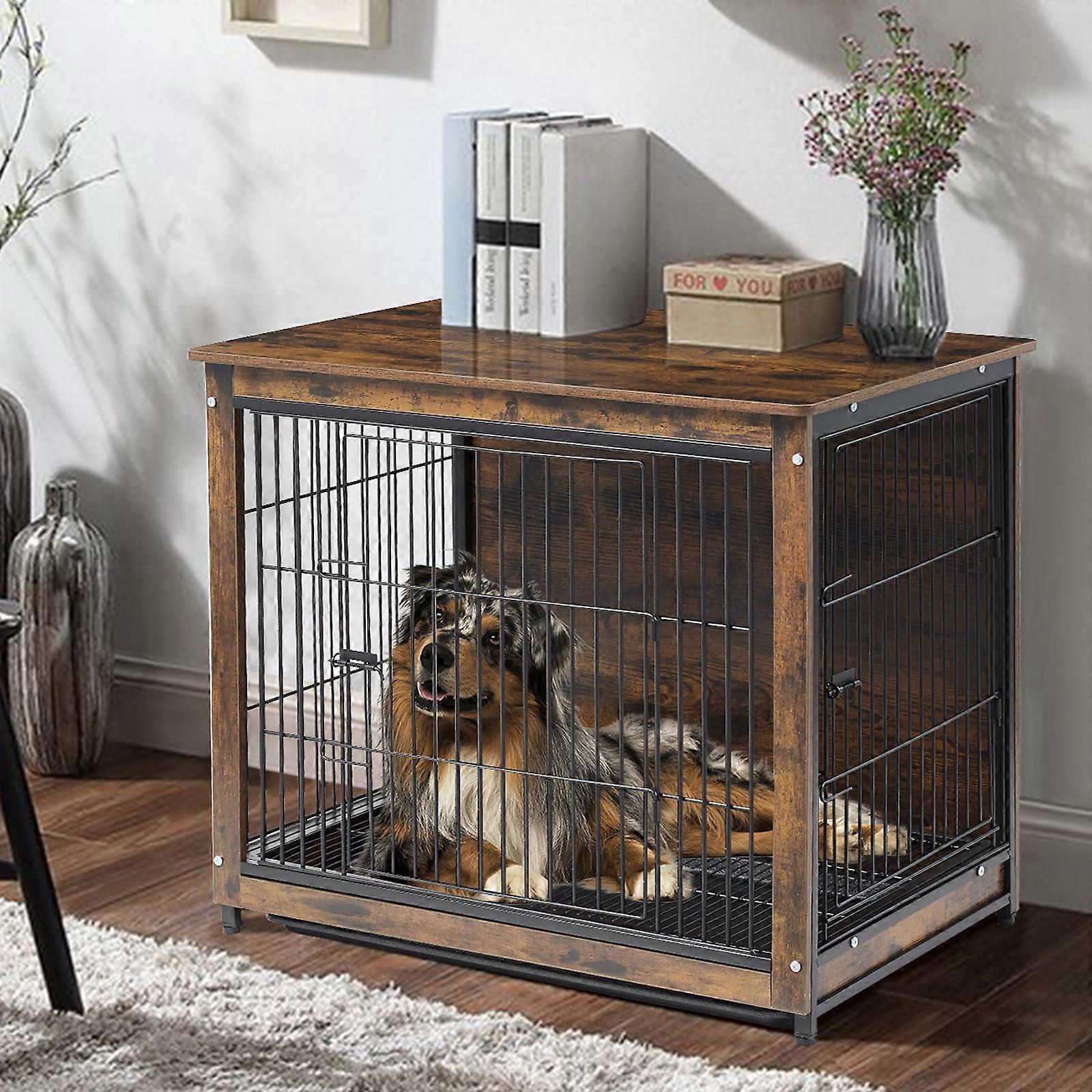 Unho Large Elevated Dog Kennel Wooden Dog Cage Pet Crate House End Table Home Office Dark Walnut Wood 80.5x59x70cm