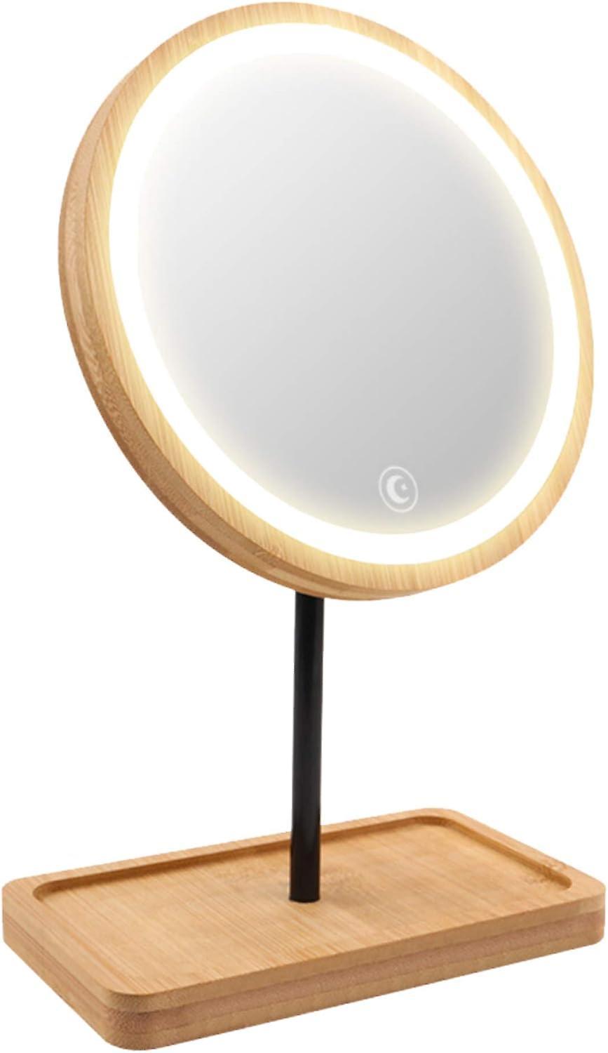 Timber Lighted LED Makeup Mirror Vanity Mirror with 3 Color Lights, Cordless USB Rechargeable Battery, 360 Rotation, Bamboo Wood Beauty Storage Tra...