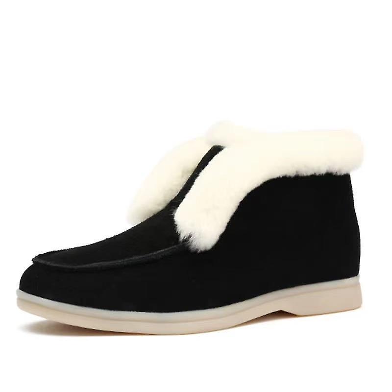 El Contente Ankle Fur Warm Slip-on Cow Suede Leather Shoes For Women Black 42