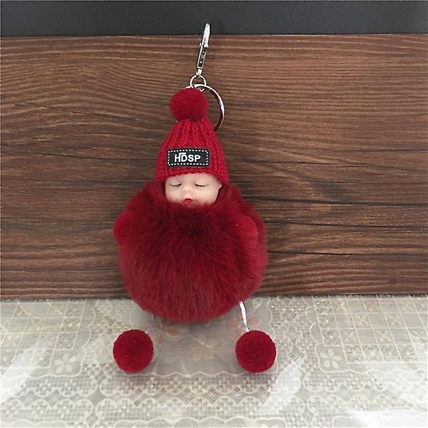 Slowmoose Cute Cartoon, Sleeping Fur Doll Keychain Handbag, Car Keys, Pendant Or red 3