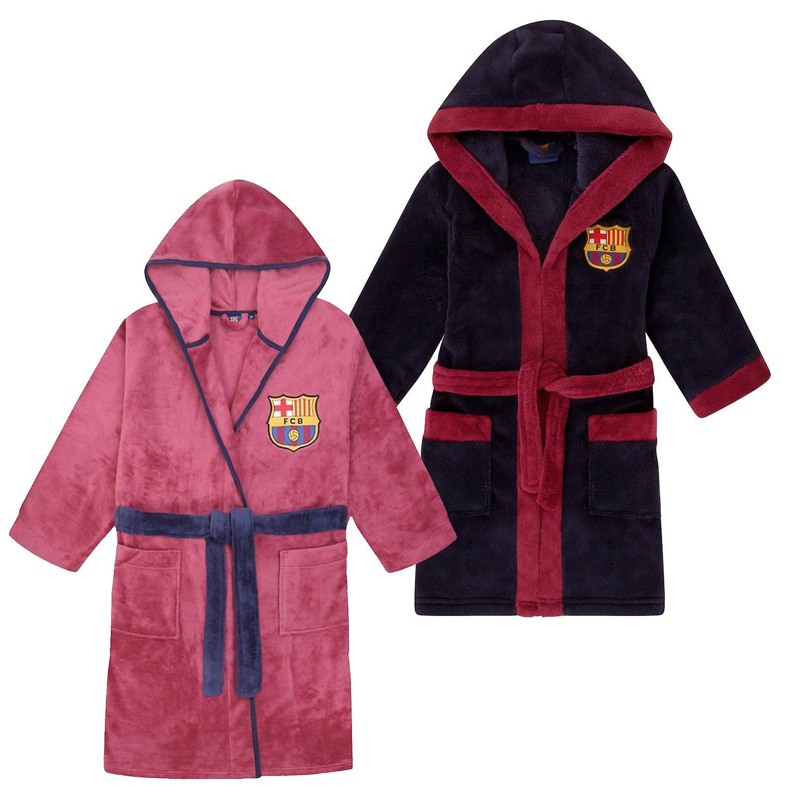 FC Barcelona Boys Dressing Gown Robe Hooded Fleece Kids OFFICIAL Football Gift Red 7-8 Years