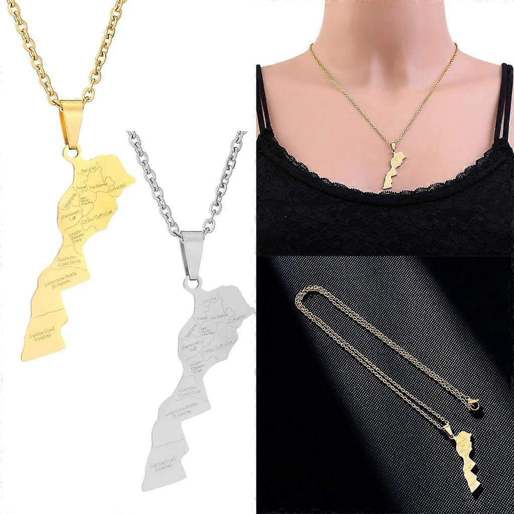 Unbrand Ethnic Jewelry Morocco Map Pendant Necklace Women Men Anniversary Gift Charm Gold