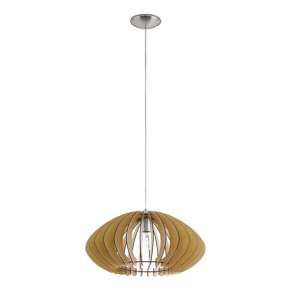 Eglo Lighting Cossano 1 Light Spherical Ceiling Pendant Satin Nickel with An Oval Maple Shaped Wooden Shade, E27