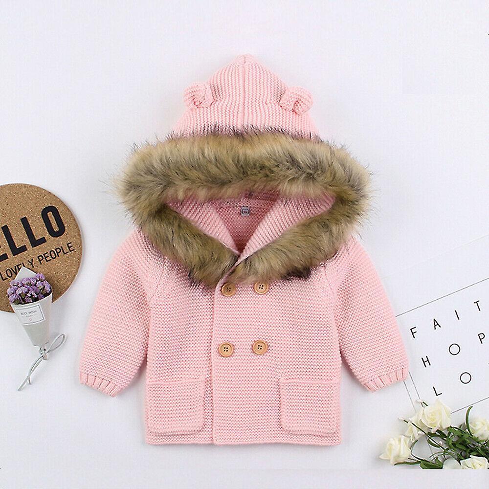 Slowmoose Winter Warm, Hooded Fur Collar Jacket Pink 12M