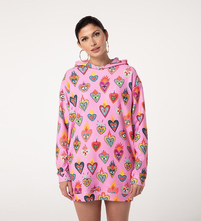 Mr Gugu & Miss Go Mr. Gugu Miss Go PINK MEXICAN HEARTS OVERSIZE HOODIE DRESS L