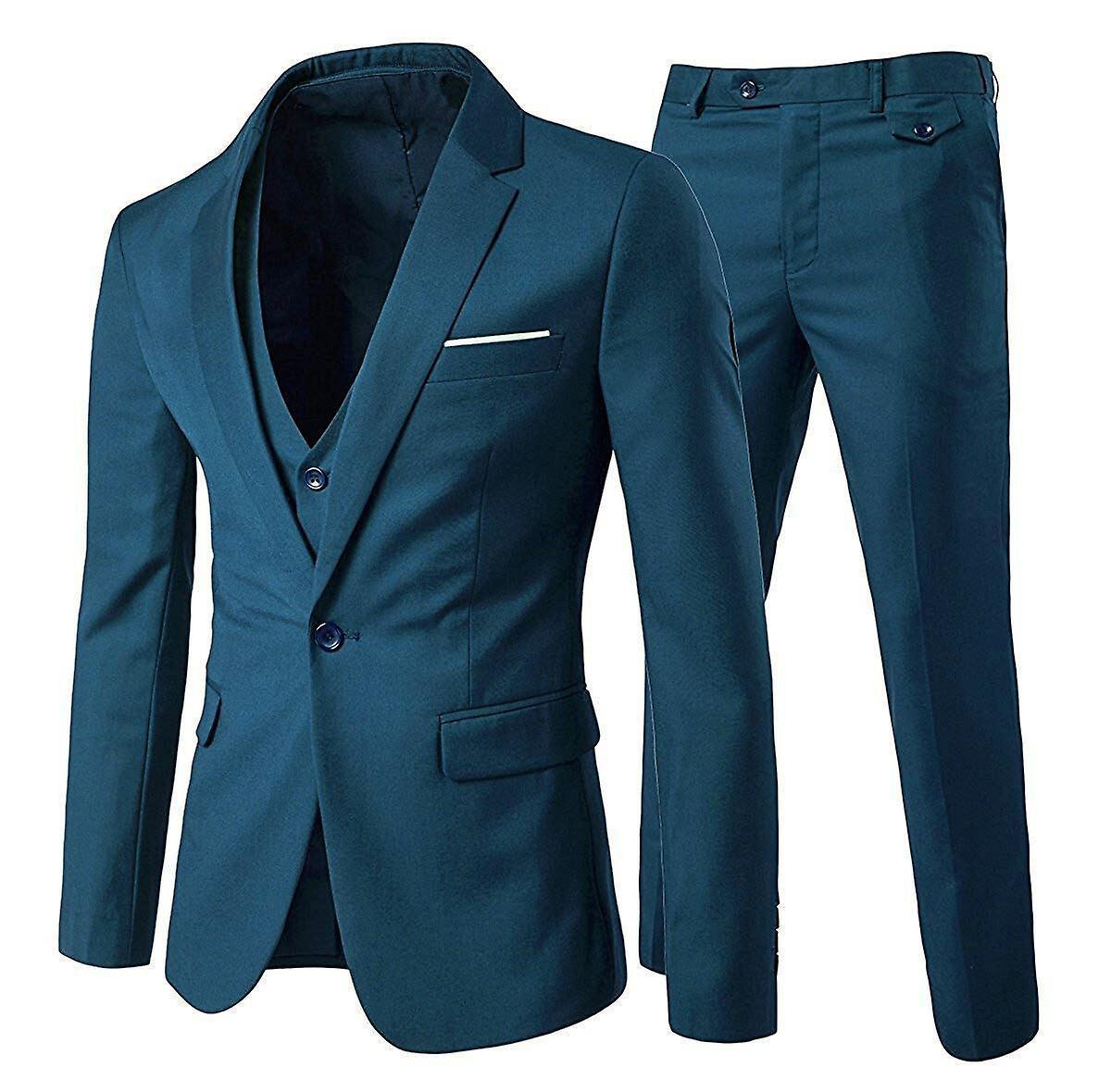 Allthemen Men's Suit 3-Piece Business Solid Slim Fit Suit Jacket&Pants&Vest Sea Blue M