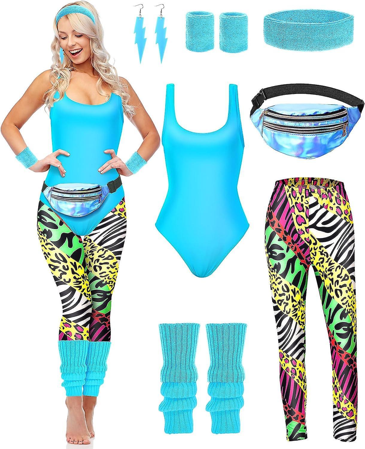 Maromalife 7 Pcs 80s Workout Costume 80s Accessories Set 80s 90s Leotard Legging Headband Wristbands Leg Warmers Earrings Fanny Pack Cute Zebra Medium