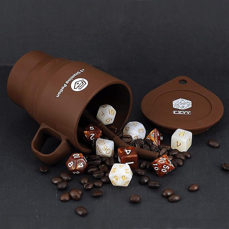 Party Games Dnd Coffee & Sugar Themed Dice Set (14 Pcs) With +3 Stamina Potion Silicone Mug, 7 Acrylic Resin Polyhedral Gaming Dice