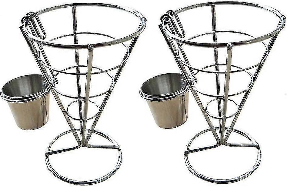 Unbrand 2pcs French Fries Stand Cone Basket Fry Holder With Sauce Dippers Metal Cone Snack Fried