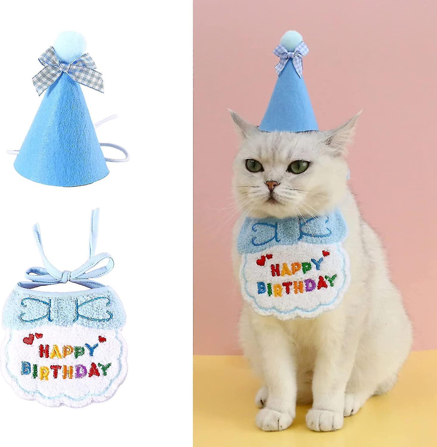 Tianzun Pet Cat Dog Happy Birthday Bib And Party Hat Mini Doggy Cat Birthday Bandana Scarfs Pet Birthday Outfit Pet Costumes Blue