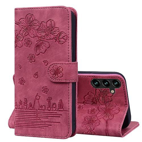 Mycase For Samsung Galaxy A15 Cartoon Sakura Cat Embossed Leather Phone Case Wine Red