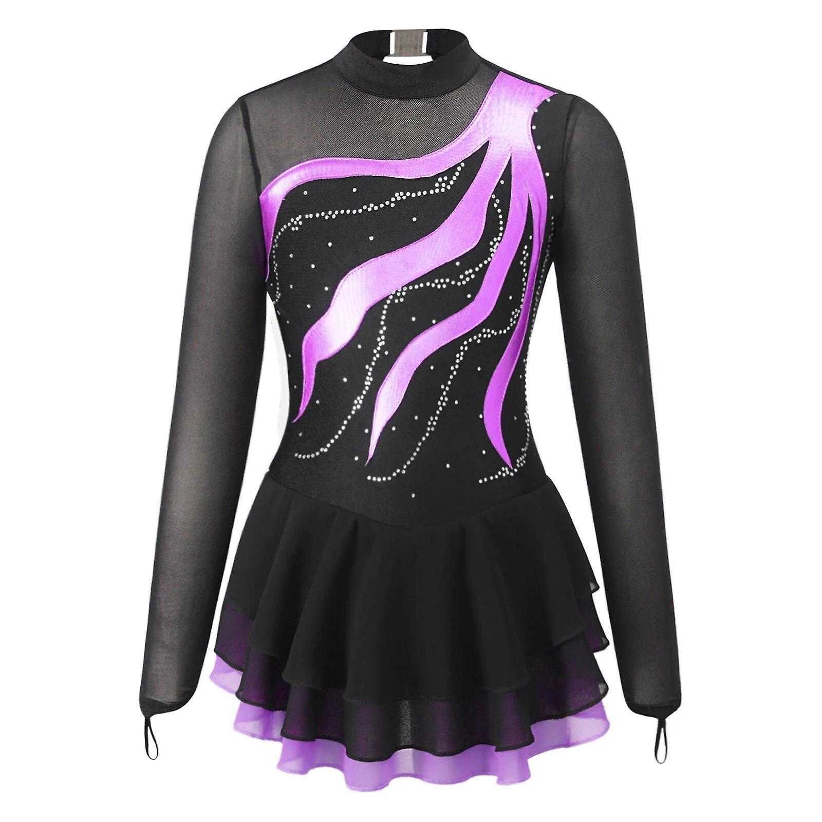 Aionyaaa Figure Skating Dress Kids Girls Long Sleeve Rhinestone Patchwork Ballet Dance Dress Gymnastics Leotard For Dancing Competition 10 Purple A