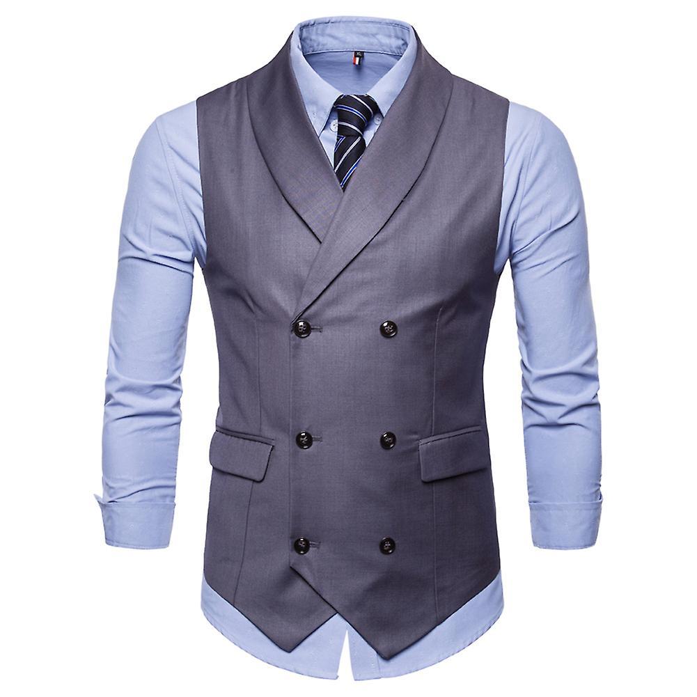 Allthemen Mens Business Formal Solid Color Lapel Double-breasted Slim Vest Gray M