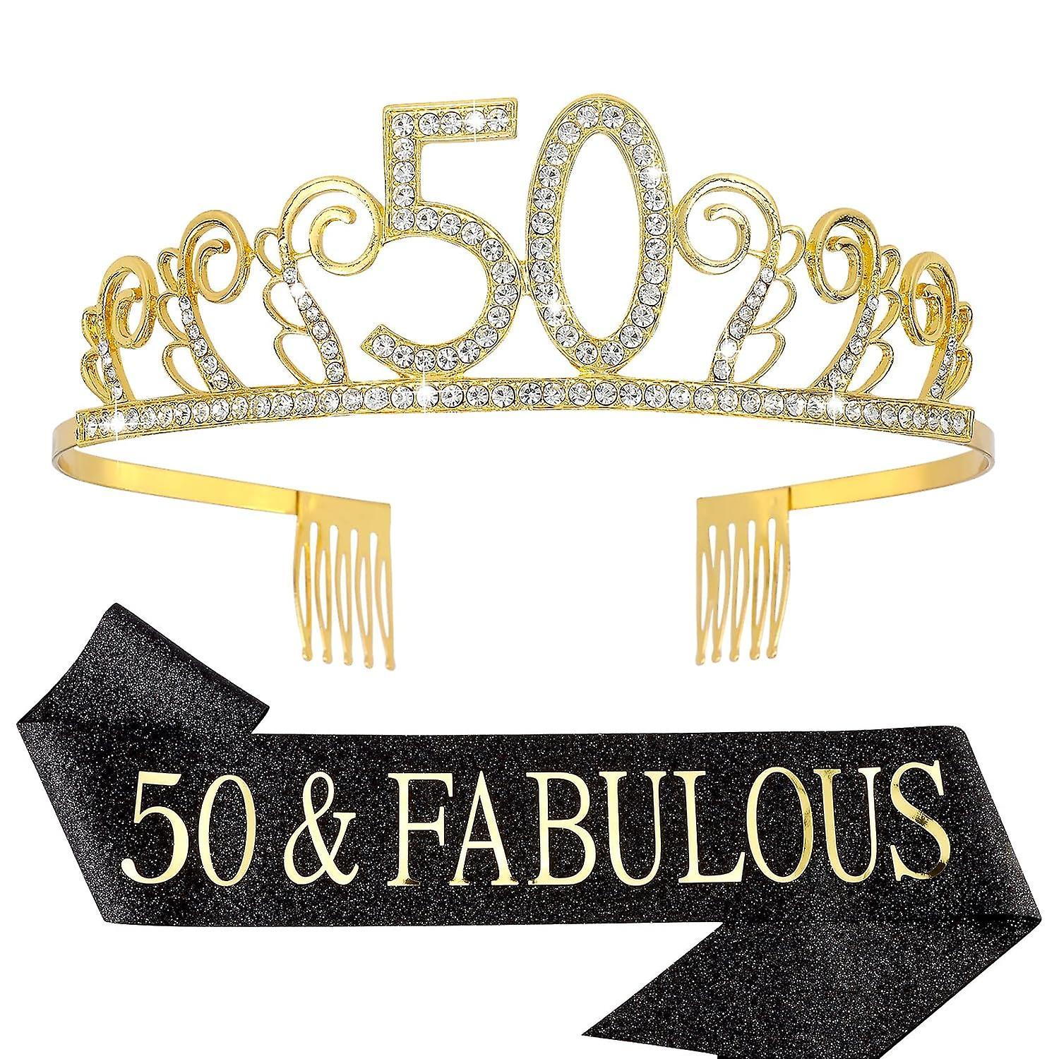 Lbh 50th Birthday Crown + 50 & Fabulous Birthday Sash Set, 50th Birthday Gifts For Women Friends Mom's 50th Birthday Decorations Women 50th Happy B...