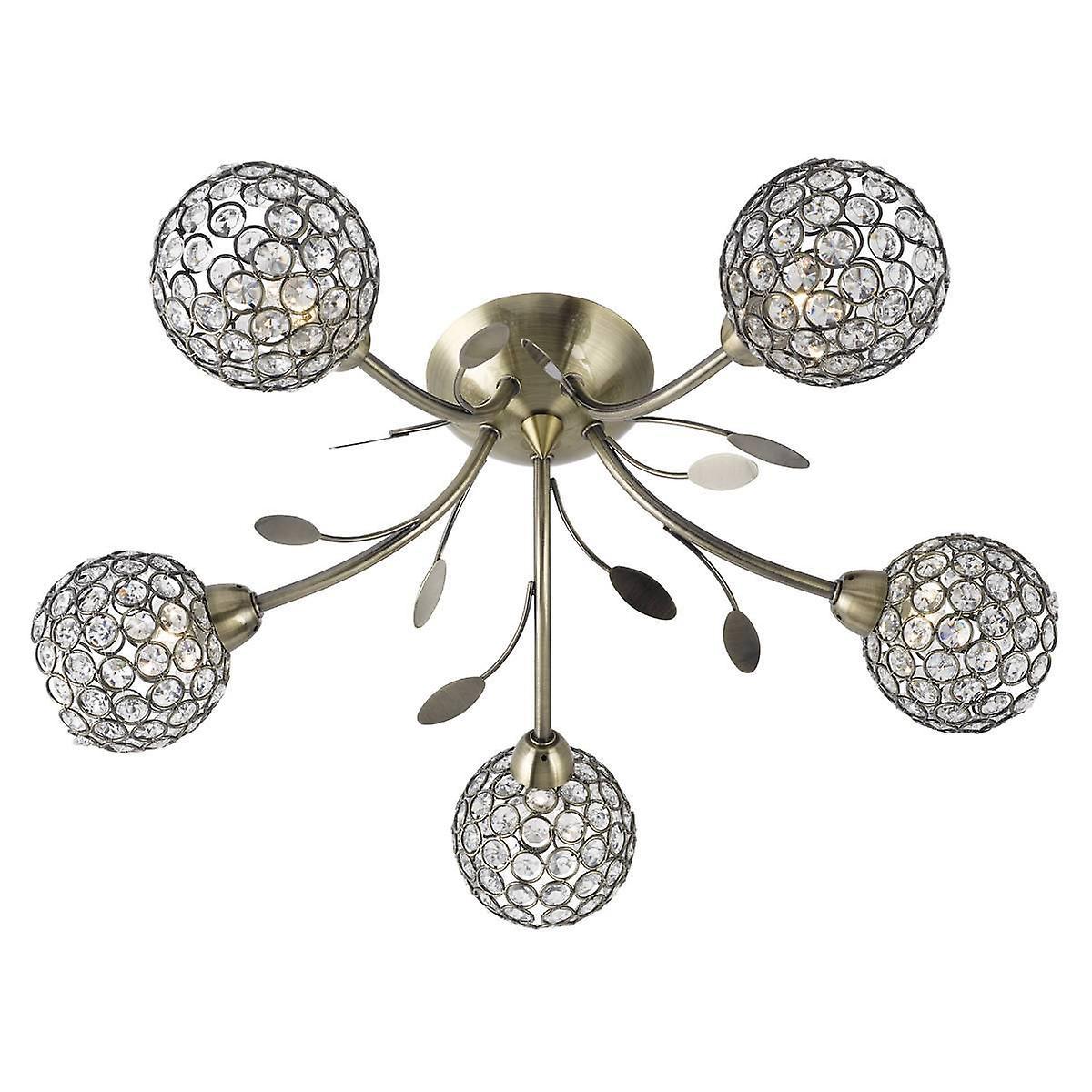 Searchlight Lighting Bellis 5 Light Semi Flush Multi Arm Ceiling Light Antique Brass and Glass, G9