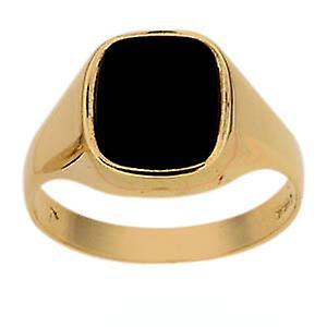 British Jewellery Workshops 9ct Gold 12x10mm gents Onyx set cushion Signet Ring Size R