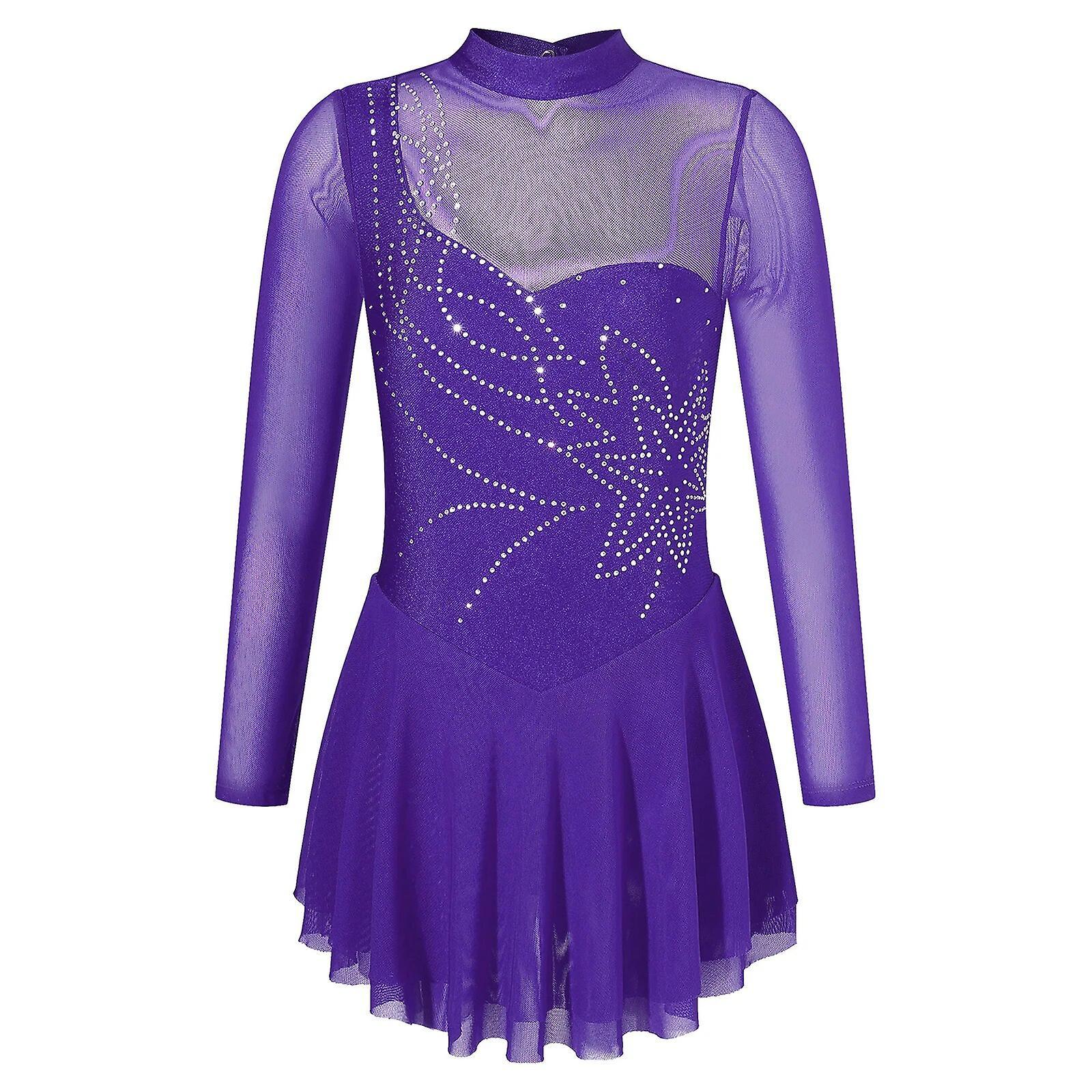 Aionyaaa Kids Girls Long Sleeve Figure Skating Dress Ballet Rhythmic Gymnastics Leotard Dance Dress Shiny Rhinestone Sheer Mesh Dancewear 8 Purple