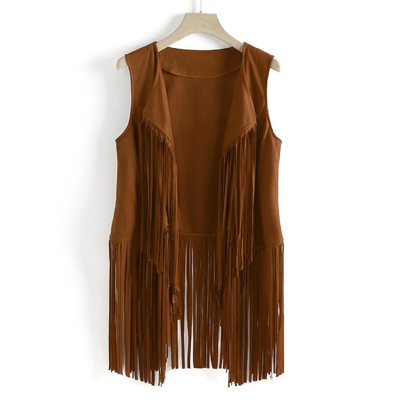 Flye Women Winter Suede Ethnic Sleeveless Tassels Fringed Vest Cardigan 240206 Khaki XXL