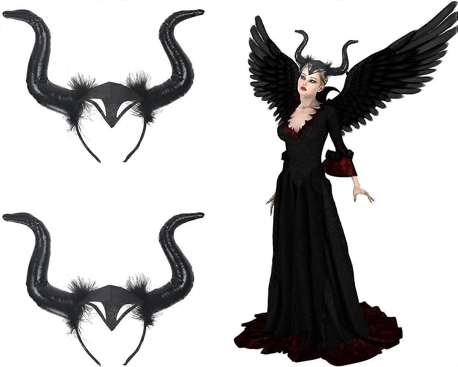 Yuzee 2 Queen Horns, Maleficent Costume Evil Headband Black Devil Headdress Women Cosplay Accessories for Mardi Gras Masquerade Party Photo Props